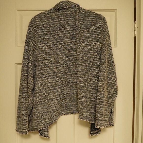 Max Studio Open Front Tweed Cardigan Jacket Black White Frayed Trim - Picture 4 of 4
